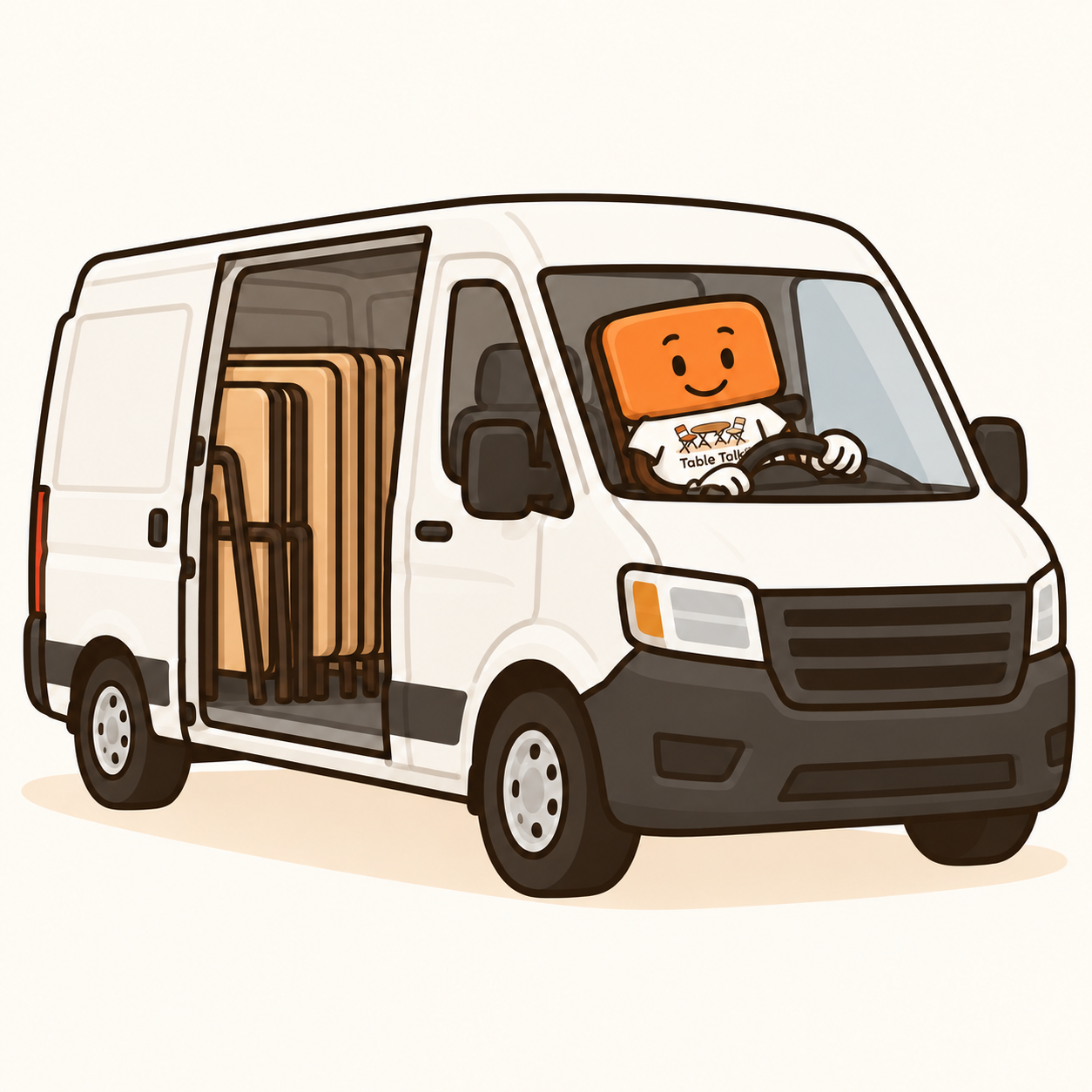 A Table Talk chair in a Table Talk shirt driving the delivery van, folding tables and chairs loaded in the back